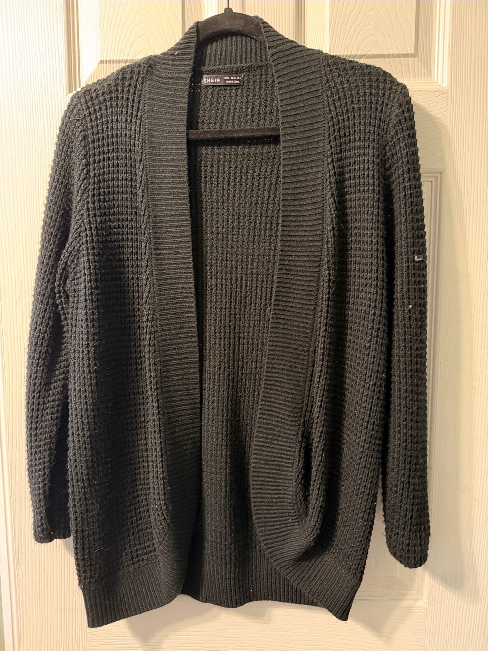 SHEIN Black Waffle Knit Open-Front Cardigan